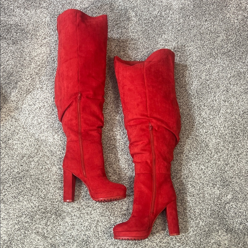 Red Faux Suede Over-the-Knee Wide Calf Platform Boots